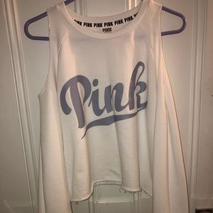 Pink VS cold shoulder white cropped sweatshirt